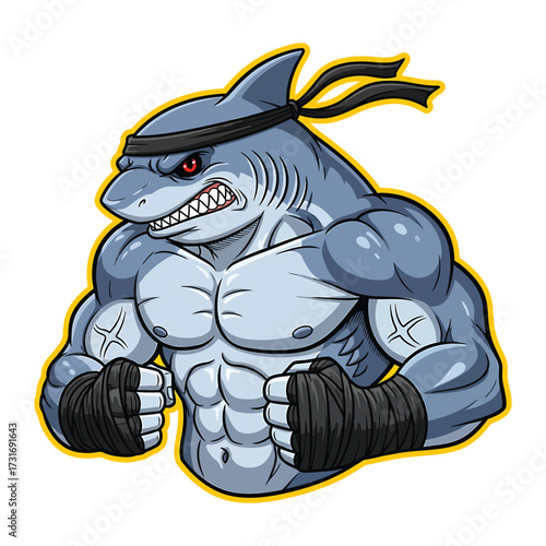 Muscular cartoon shark warrior with headband and boxing gloves