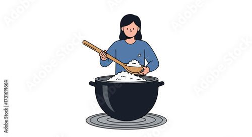Illustrated depiction of a woman stirring a pot of cooked rice with a wooden spoon in a simplistic cartoon style art on white background