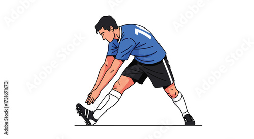 Illustration of a soccer player stretching his legs before starting training for improved flexibility and performance on the field