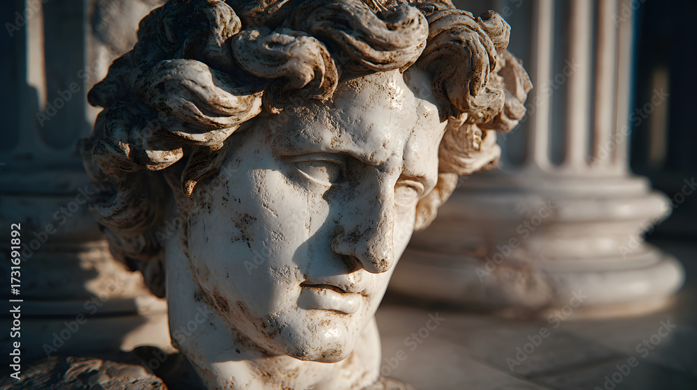 Naklejka premium White Marble Bust Sculpture Near Classical Columns in Sunlight