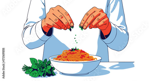 Chef's illustrated touch: Garnishing pasta with fresh basil for a delectable dish showcase