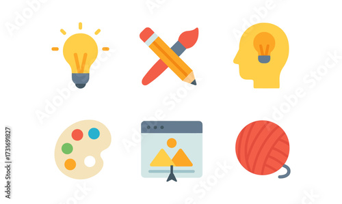 Creative tools and ideas: art supplies, light bulb, palette, head with light, flat icons