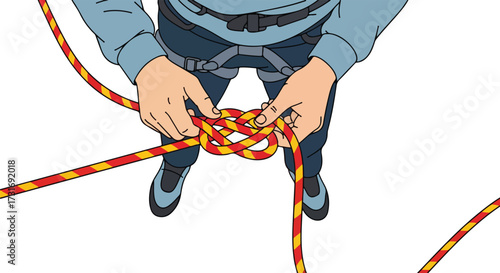 Visual guide demonstrating knot tying technique for climbers emphasizing safety procedure and preparation before starting ascents and descents