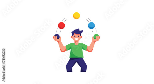 Cartoon man skillfully juggling colorful balls against a crisp white background, showcasing coordination and entertainment, an eye-catching