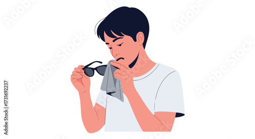 Man meticulously cleaning his eyewear with a soft cloth to remove smudges and maintain optical clarity for optimal vision