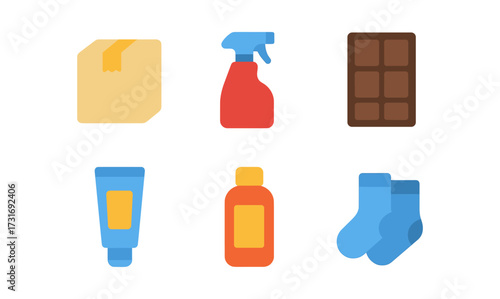 Flat style icons of everyday products including packaging, spray bottle, chocolate bar, cream tube, shampoo, and socks