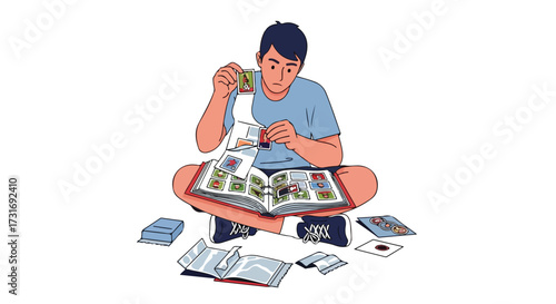 Boy immersed in sorting collectible cards, organizing a diverse collection with focused concentration in his hobby realm of trading and collecting
