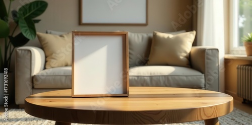 A simple wooden frame rests on a light wood coffee table in a sunlit living room