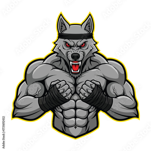 Aggressive muscular wolf warrior with red eyes and bandana
