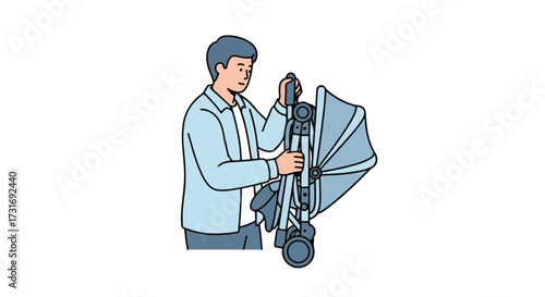 Father expertly folds a modern stroller with precision, showcasing parental readiness and efficient baby transport  solutions