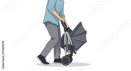 Modern parent handling a compact, folded stroller, showcasing practicality and urban family lifestyle with simplified, clean illustrative style