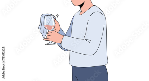 Illustration of a person polishing a wine glass with a cloth, ensuring a spotless presentation and refined dining experience