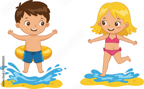 Cartoon kids playing in summer water splash, beach fun illustration with swimwear, inflatable ring, happy childhood outdoor activity scene