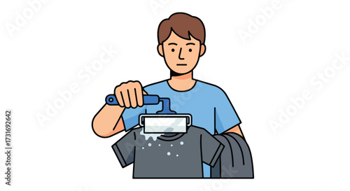Cartoon style illustration of a man using a lint roller to remove debris from a dark t-shirt during clothing care routine