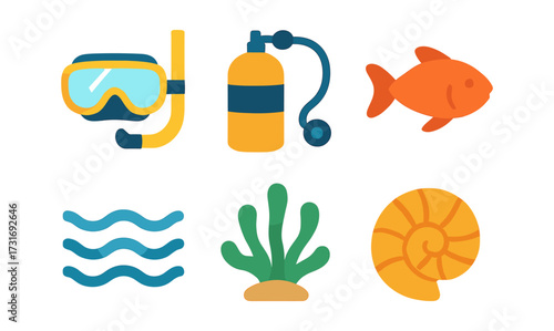 Colorful dive icons: snorkeling gear and marine life set