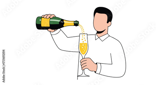 An Elegant Celebration: Animated Illustration of Man Pouring Sparkling Wine into Flute