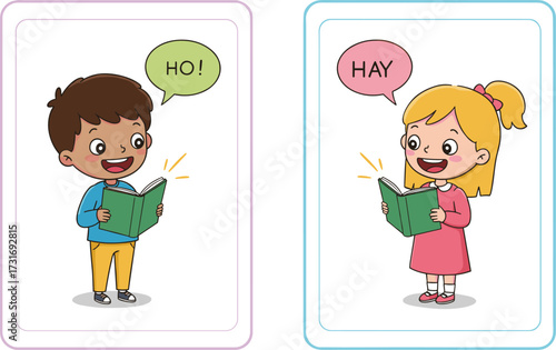 Cartoon Kids Reading Books with Speech Bubbles – Educational Vector for Phonics, Literacy, Preschool Learning, Classroom, and Child Development