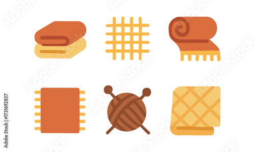 Flat style icons of yarn, knitting needles, and cozy blankets in warm tones