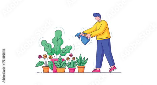 A man sprays water on houseplants in pots, cultivating a nurturing atmosphere indoors, illustrating the joy of gardening and plant care in home spaces