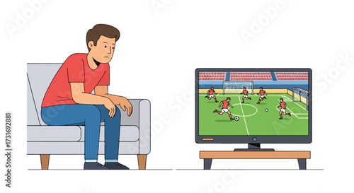 Disappointed viewer watching a soccer match at home on tv, feeling the sting of defeat for his favorite team's loss on the television screen during