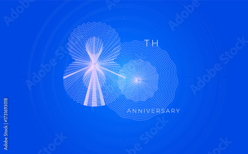 Anniversary Celebration Date Emblem Badge, Abstract 80th Logo Blue Background for Invitation Greeting Card, Corporate Jubilee Sign, Commemorate Occasion Symbol. Wavy Guilloche. Vector Illustration