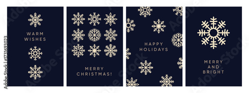Merry Christmas cards set. Xmas and winter holiday postcard designs with snowflakes. Snow flakes patterns, crystals on festive posters with modern greeting typography. Flat vector illustrations