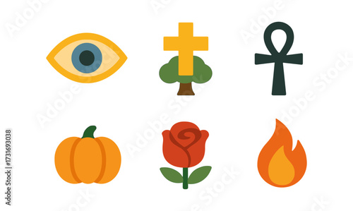 Colorful flat icons set: eye, cross, ankh, pumpkin, rose, flame