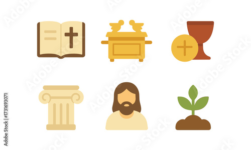 Set of religious and spiritual flat icons featuring bible, chalice, and symbolic elements