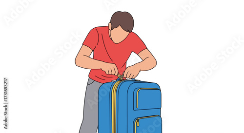Illustration of a man closing a blue suitcase with a zipper preparing for a trip or vacation indicating travel readiness and closure before a