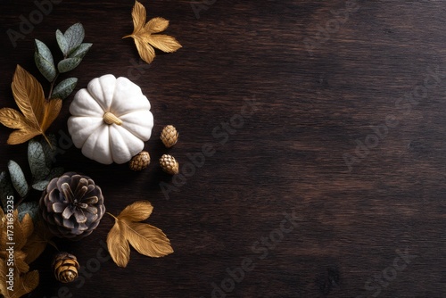 Minimal autumn flat lay with small white pumpkin, golden leaves, and tiny pinecones arranged in lower right corner on dark wooden background, seasonal rustic composition