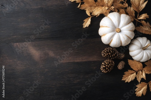 Minimal autumn flat lay with small white pumpkin, golden leaves, and tiny pinecones arranged in lower right corner on dark wooden background, seasonal rustic composition