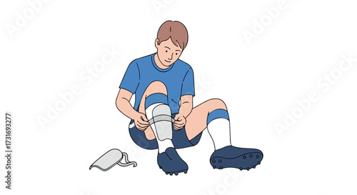 Soccer Player Preparing for the Game: Tying Shin Guards and Getting Ready to Play on the Field