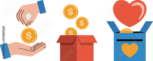 Donation and charity concept with hands coins and box