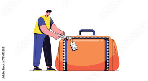 Illustrated man zipping up a large suitcase, representing travel preparations and packing for an adventure ahead featuring vibrant colors