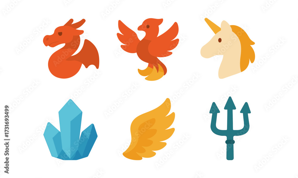 Fototapeta premium Fantasy creature icons: dragon, phoenix, unicorn, crystal, wing, trident