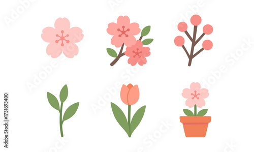 Colorful flat flower icons set with sakura and tulip