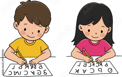 Children Practicing Mirror Writing with Pencils, Smiling Kids Learning Letters in Reverse, Fun Educational Activity for Early Childhood Development