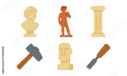 Classical sculpture set with tools and pillar icons in flat design