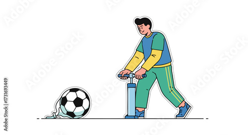 Man enthusiastically inflates a deflated soccer ball with a hand pump to prepare for a friendly game and some fun on the field
