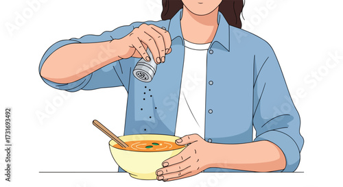 Illustration depicting a person adding seasoning to a bowl of soup, preparing to enhance the flavor before enjoying the meal illustration concept