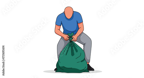 Illustration depicting a man tying a green garbage bag isolated on a white background emphasizing waste management and responsibility