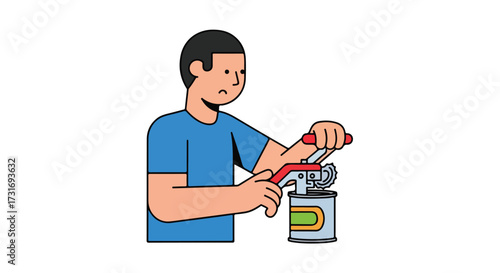 Frustrated Man Struggles with Manual Can Opener, Depicting Kitchen Difficulty and Annoyance Expression with Food Preparation Challenge and Mealtime