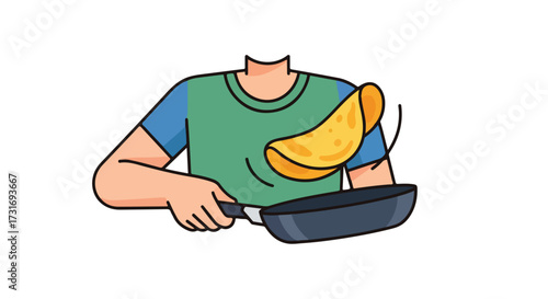 Pancake flipping action: Animated breakfast scene showcasing a person expertly flipping a pancake in a pan with skill and precision