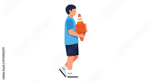 Young individual carrying safety cones, demonstrating a focus on safety and diligence in organized environments or sport practice sessions