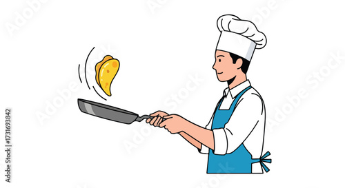 Chef effortlessly flipping a pancake with a pan with grace and precision, showcasing culinary skill and expertise in breakfast preparation