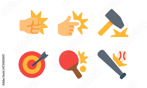 Flat style action icons: fist, thumb, hammer, bullseye, ping pong, baseball