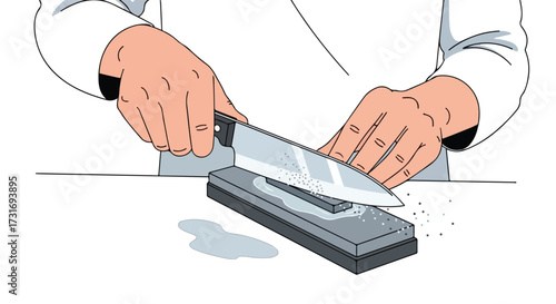 Illustration demonstrating the art of sharpening a knife with a whetstone, a crucial technique for chefs and culinary enthusiasts, ensuring optimal