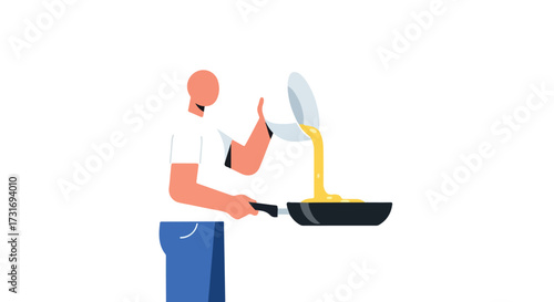 Faceless cook preparing omelette, person making breakfast, illustration of a kitchen scene in a minimalist cartoon style