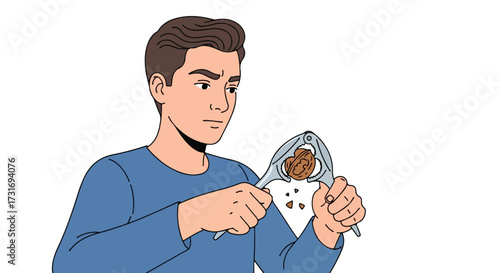 Man cracking a nut using a nutcracker illustration, focused facial expression and detailed nut cracking process, isolated on white background