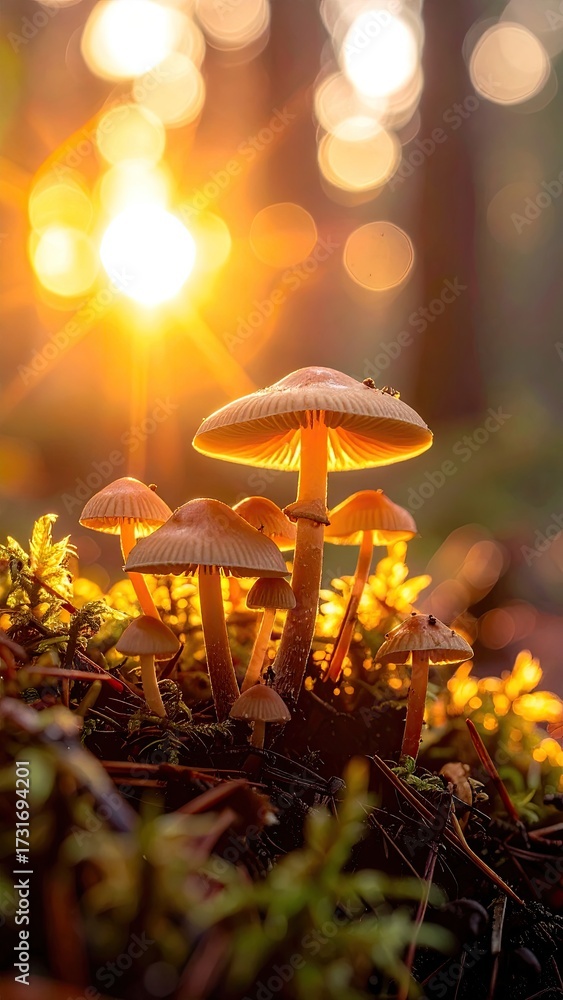 Fototapeta premium Glowing Mushrooms in Forest at Sunset with Warm Light and Bokeh Effect